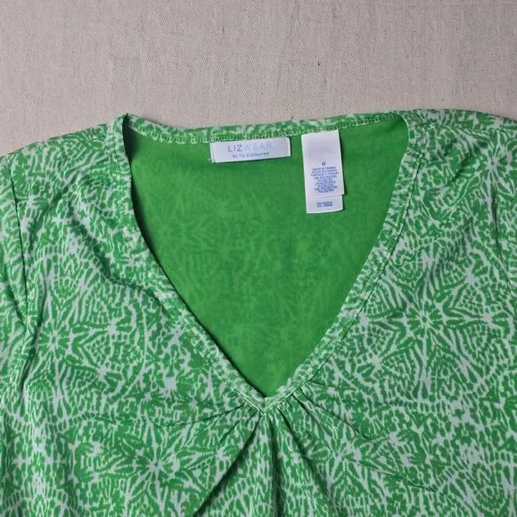 Lizwear Top Pull-On V-Neck Lined Ruffled Hem Short Sleeve Green/White Size M - Picture 6 of 9